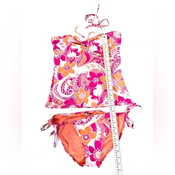 Old Navy Vintage Y2K Mod Pink and Orange Floral Halter Bandeau Tankini Set - Picture 9 of 10